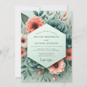 Invitación Boda de Flora Sombría Coral Turquesa