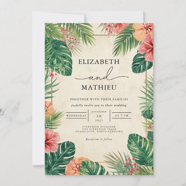Invitación Boda de Flora Tropical Exuberante (Anverso)