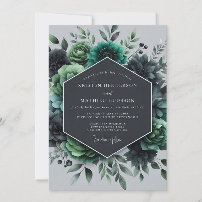 Invitación Boda de Flora Verde Teal (Anverso)