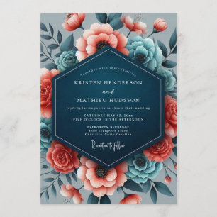 Invitación Boda de Flora Vibrante Coral Teal