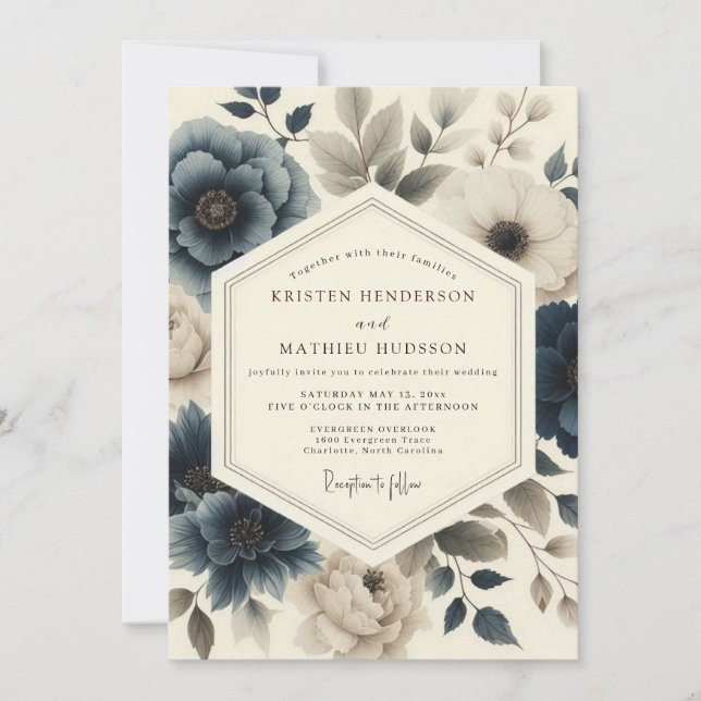 Invitación Boda de Flora Vintage Azul Pizarra (Anverso)