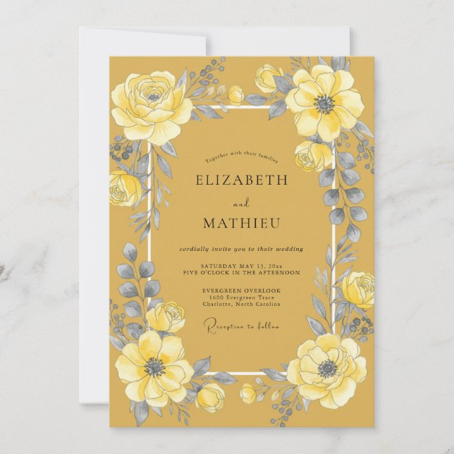 Invitación Boda de Floración Amarilla Mostaza (Anverso)