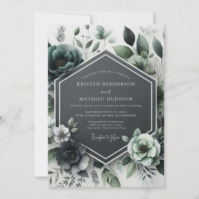 Invitación Boda de Floración Botánica Verde Azul (Anverso)
