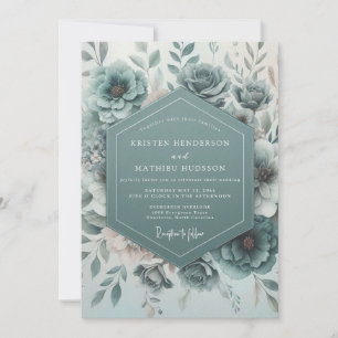 Invitación Boda de Floración Botánica Verde Azulada