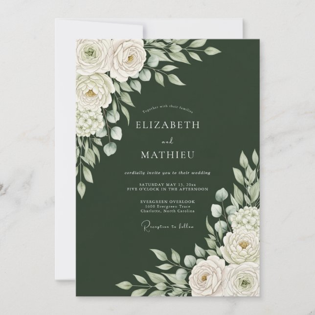 Invitación Boda de Floración Botánica Verde Profundo (Anverso)