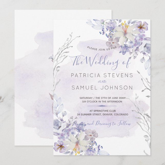 Invitación Boda de floración de la acuarela azul del manantia (Anverso / Reverso)