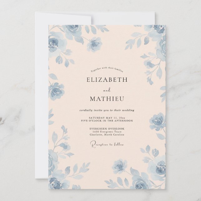 Invitación Boda de floración de marfil de acero (Anverso)
