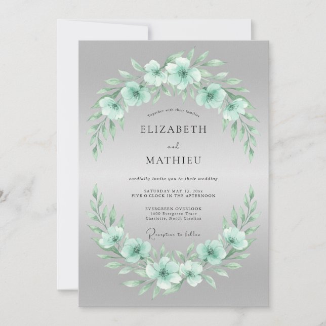 Invitación Boda de Floración Delicada Verde Menta (Anverso)