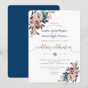 Invitación Boda de floración dorada azul turbio rosa