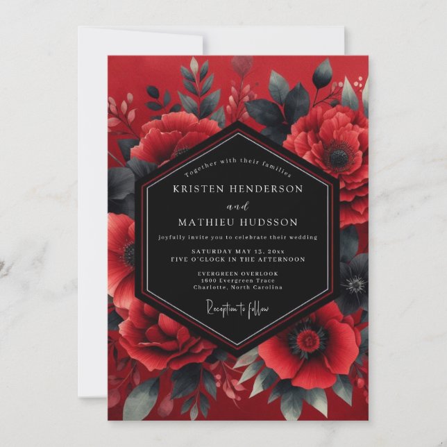 Invitación Boda de Floración Dramática Carmesí (Anverso)