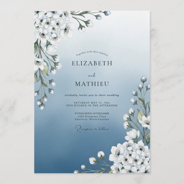 Invitación Boda de Floración Etérea Azul Cielo (Anverso)