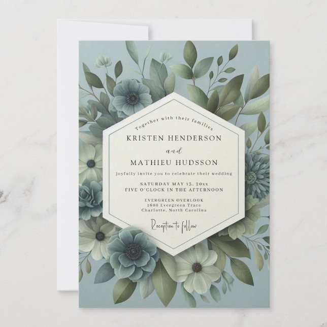Invitación Boda de Floración Etérea Azul Pizarra (Anverso)