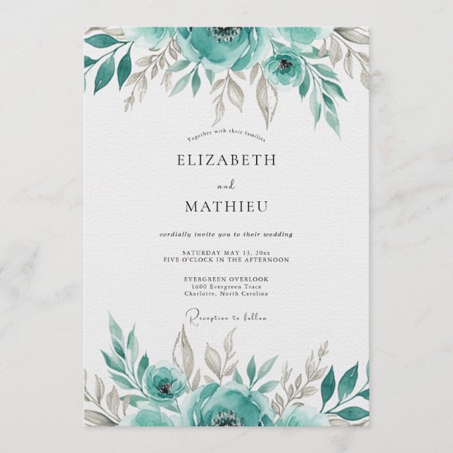 Invitación Boda de Floración Etérea Verde Azulada (Anverso)