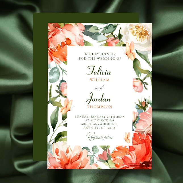 Invitación boda de floración floral verde naranja (Subido por el creador)