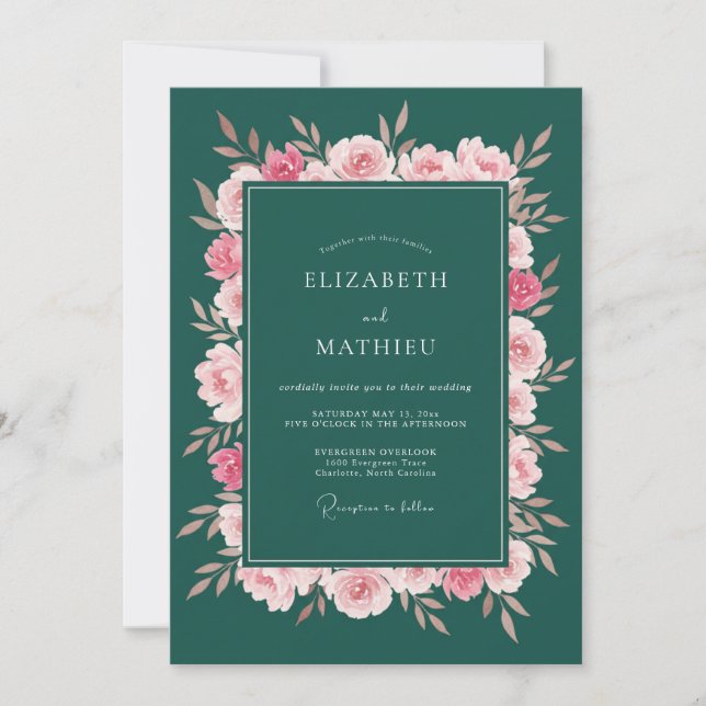 Invitación Boda de Floración Floral Verde Profundo (Anverso)