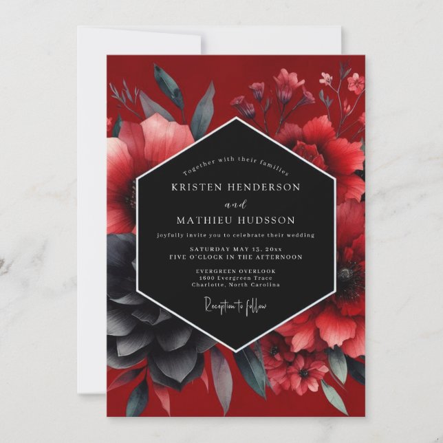 Invitación Boda de Floración Gótica Carmesí (Anverso)