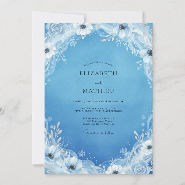 Invitación Boda de Floración Invernal Azul Celeste (Anverso)