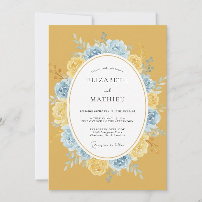 Invitación Boda de Floración Lustrosa Amarillo Mostaza (Anverso)