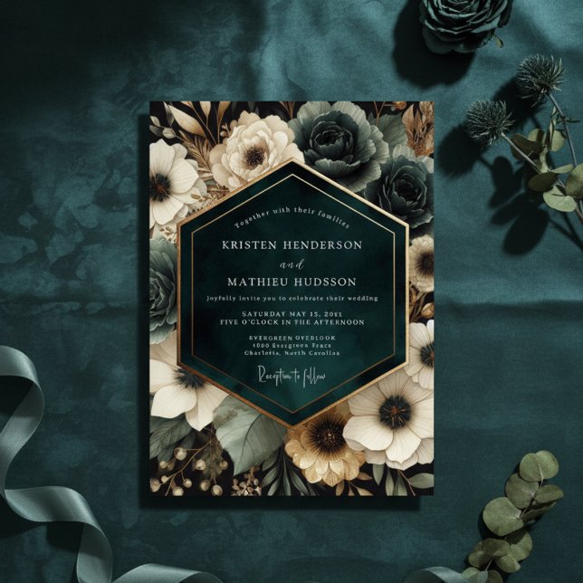 Invitación Boda de Floración Malhumorada Azul Teal Profundo (Subido por el creador)