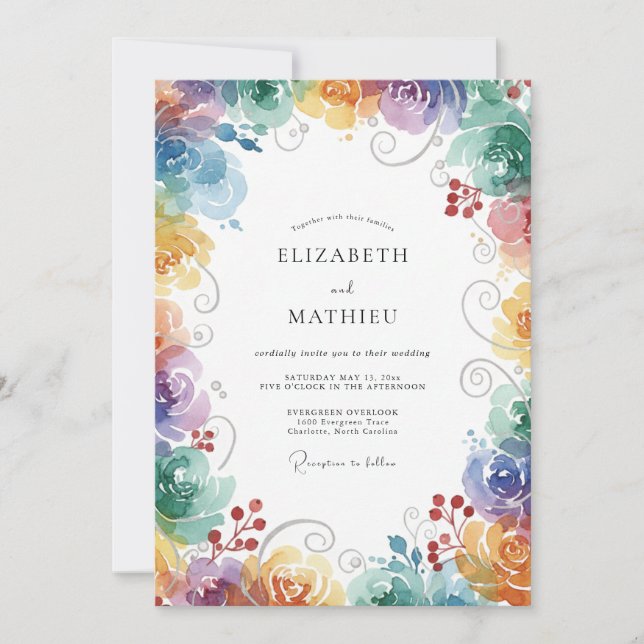 Invitación Boda de Floración Mixta Arcoíris (Anverso)