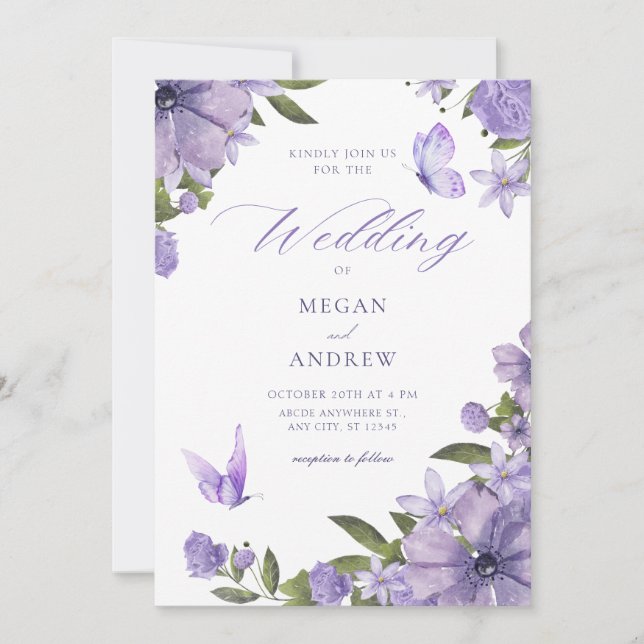 Invitación Boda de floración morada (Anverso)