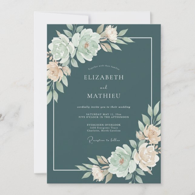 Invitación Boda de Floración Opalescente Verde Azul (Anverso)