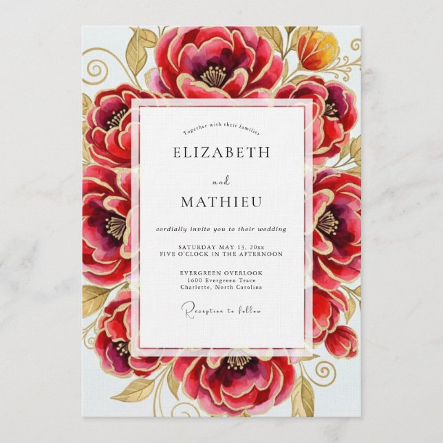 Invitación Boda de Floración Opulenta Carmesí (Anverso)