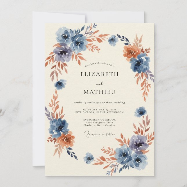 Invitación Boda de Floración Otoñal Azul (Anverso)