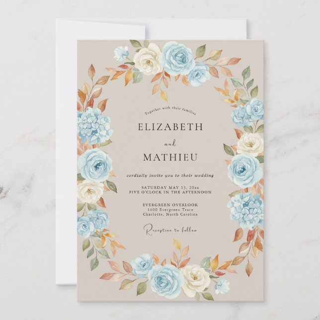 Invitación Boda de Floración Otoñal Azul Cielo (Anverso)