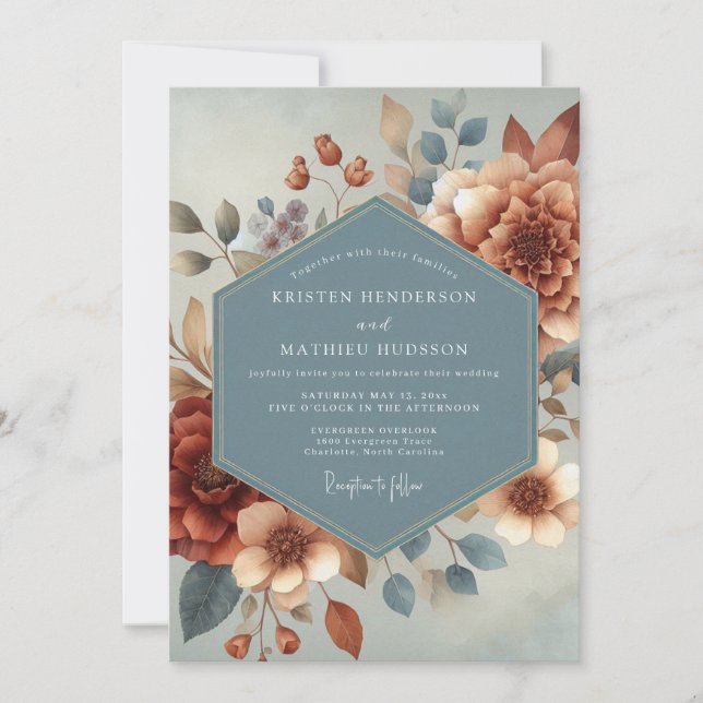 Invitación Boda de Floración Otoñal Azul Pizarra (Anverso)