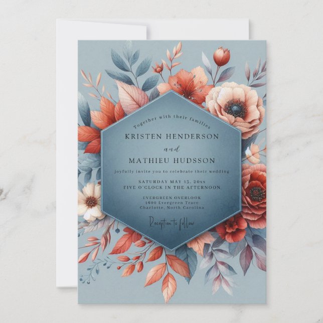 Invitación Boda de Floración Otoñal Azul Pizarra (Anverso)