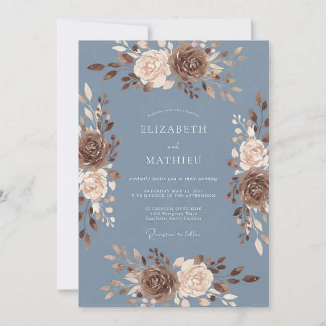 Invitación Boda de Floración Otoñal Azul Polvoriento (Anverso)
