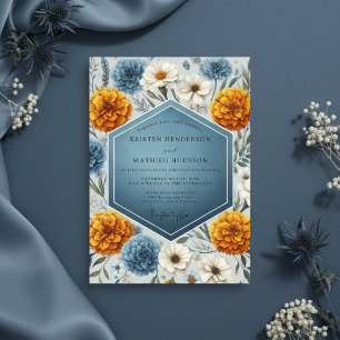 Invitación Boda de Floración Otoñal Azul Polvoriento