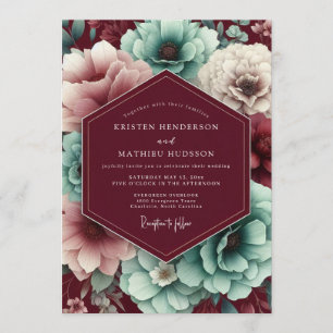 Invitación Boda de Floración Otoñal Granate y Verde Azulado