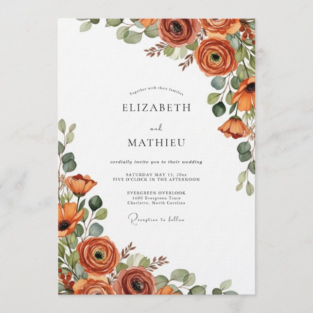 Invitación Boda de Floración Otoñal Naranja Quemada (Anverso)