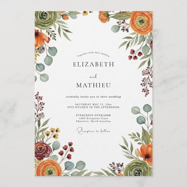 Invitación Boda de Floración Otoñal Ochre y Sage (Anverso)