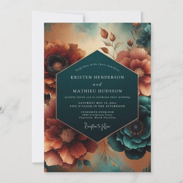 Invitación Boda de Floración Otoñal Turquesa (Anverso)