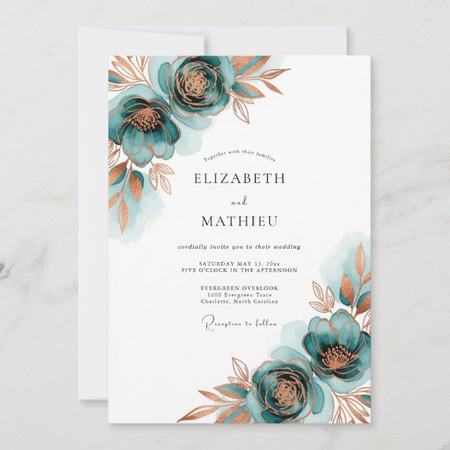 Invitación Boda de Floración Otoñal Verde Azulado (Anverso)