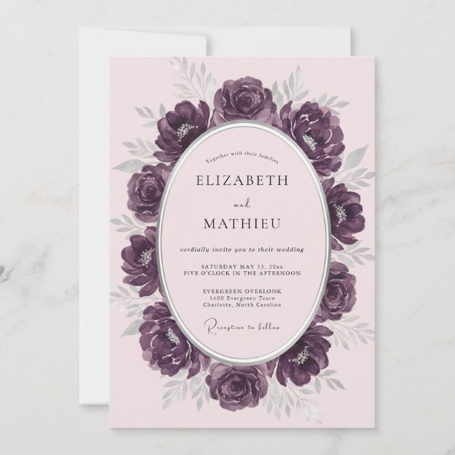 Invitación Boda de Floración Pintada de Ciruela (Anverso)