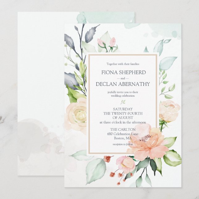 Invitación Boda de Floración Romántica de acuarela de verano  (Anverso / Reverso)