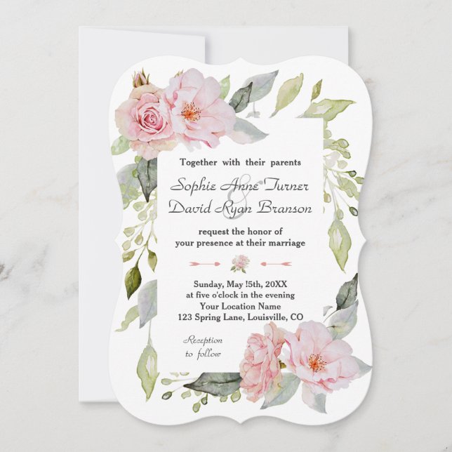 Invitación Boda de floración rosa de Rubor bonito (Anverso)