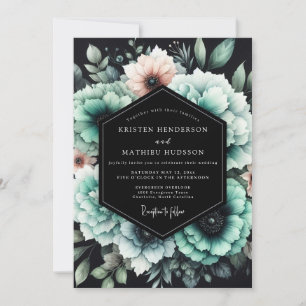Invitación Boda de Floración Sombría en Verde Azul y Rubor