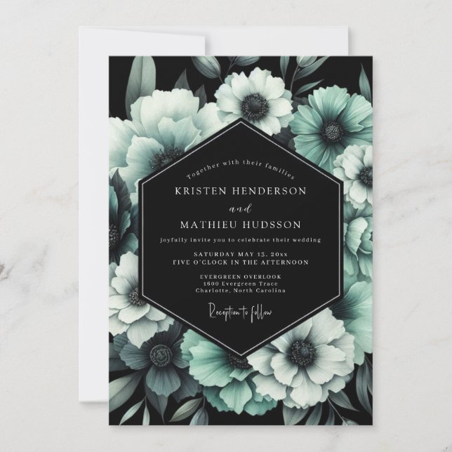 Invitación Boda de Floración Sombría Turquesa (Anverso)