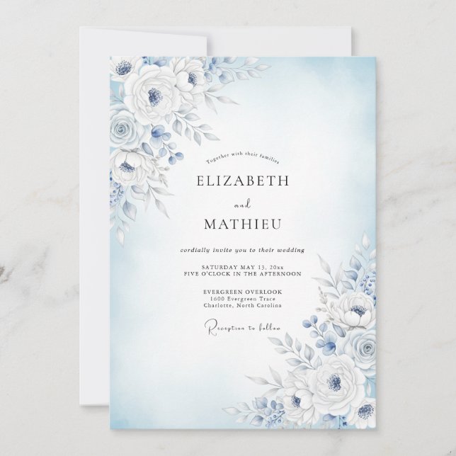 Invitación Boda de Floración Suave Azul (Anverso)
