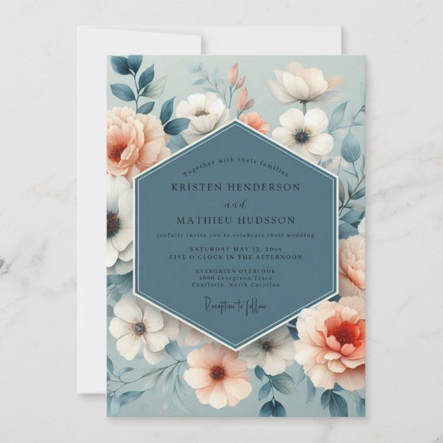 Invitación Boda de Floración Suave Azul Pizarra (Anverso)