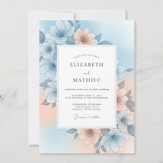 Invitación Boda de Floración Suave Cielo Azul (Anverso)