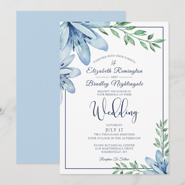 Invitación Boda de Floral azul acuarela y vegetación (Anverso / Reverso)