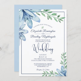 Invitación Boda de Floral azul acuarela y vegetación
