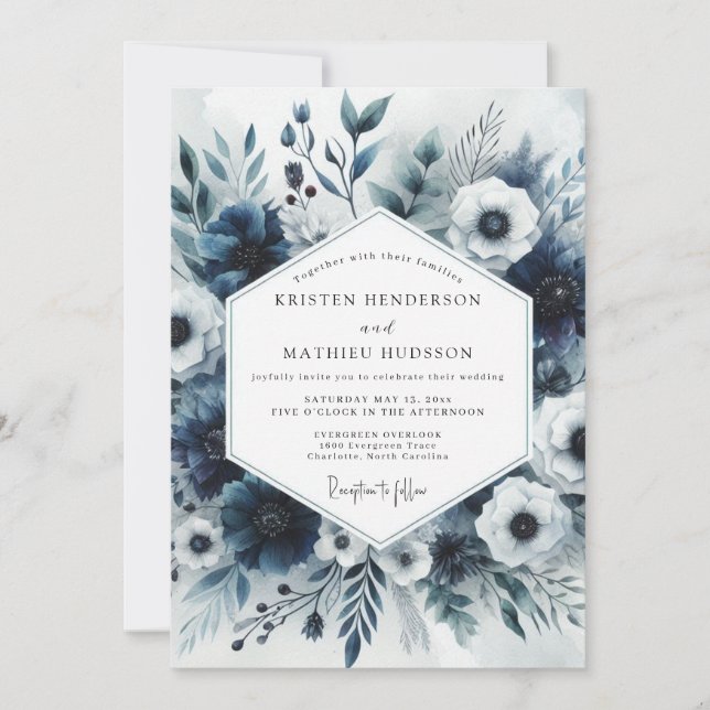 Invitación Boda de Floral Azul Pizarra (Anverso)