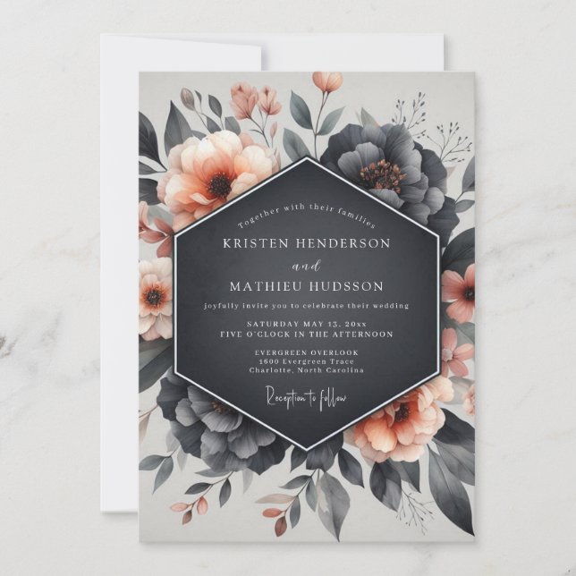 Invitación Boda de Floral Azul Polvoriento (Anverso)